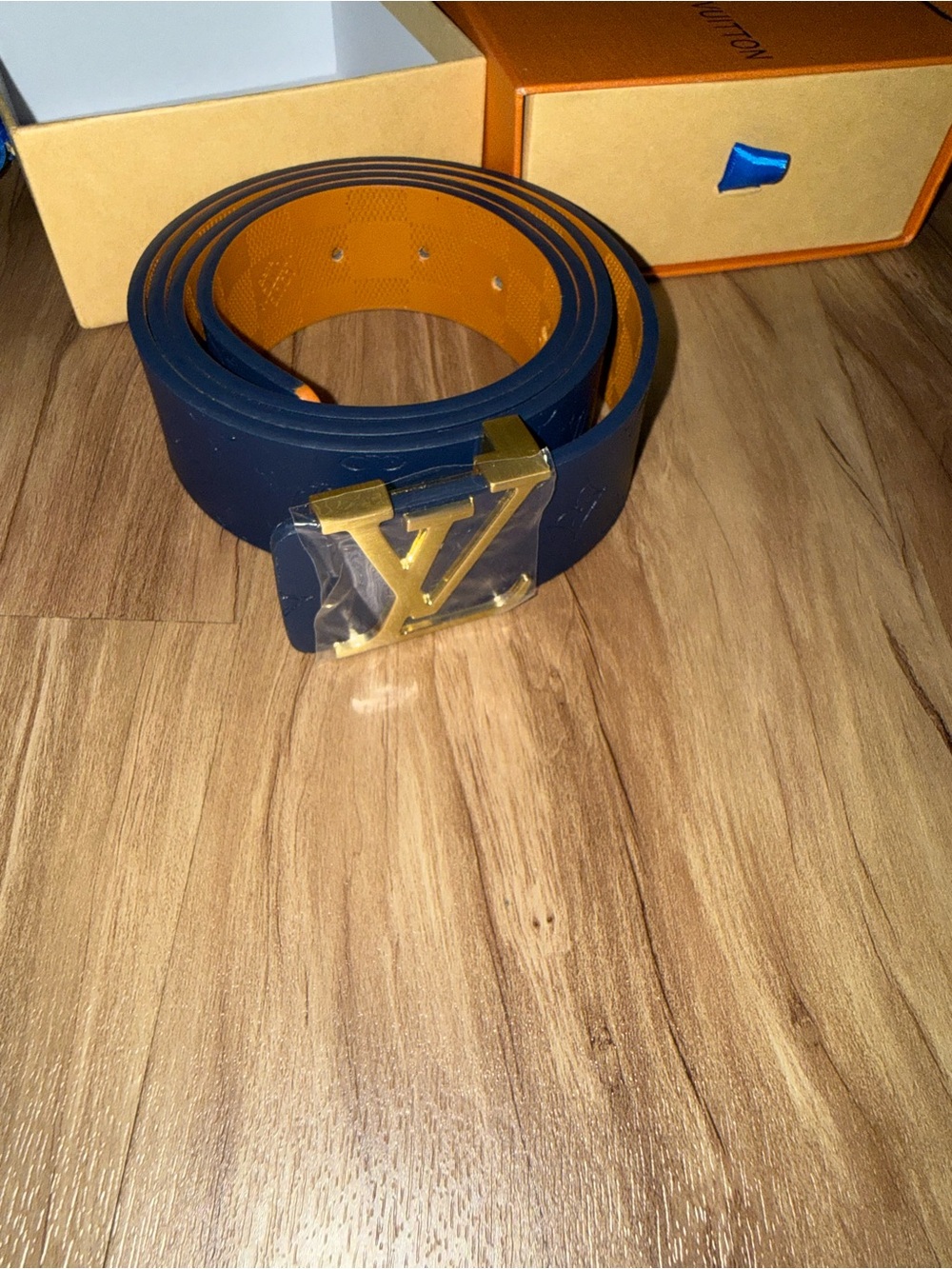 Louis Vuitton Navy & Orange Reversible Leather Belt with Gold LV Buckle